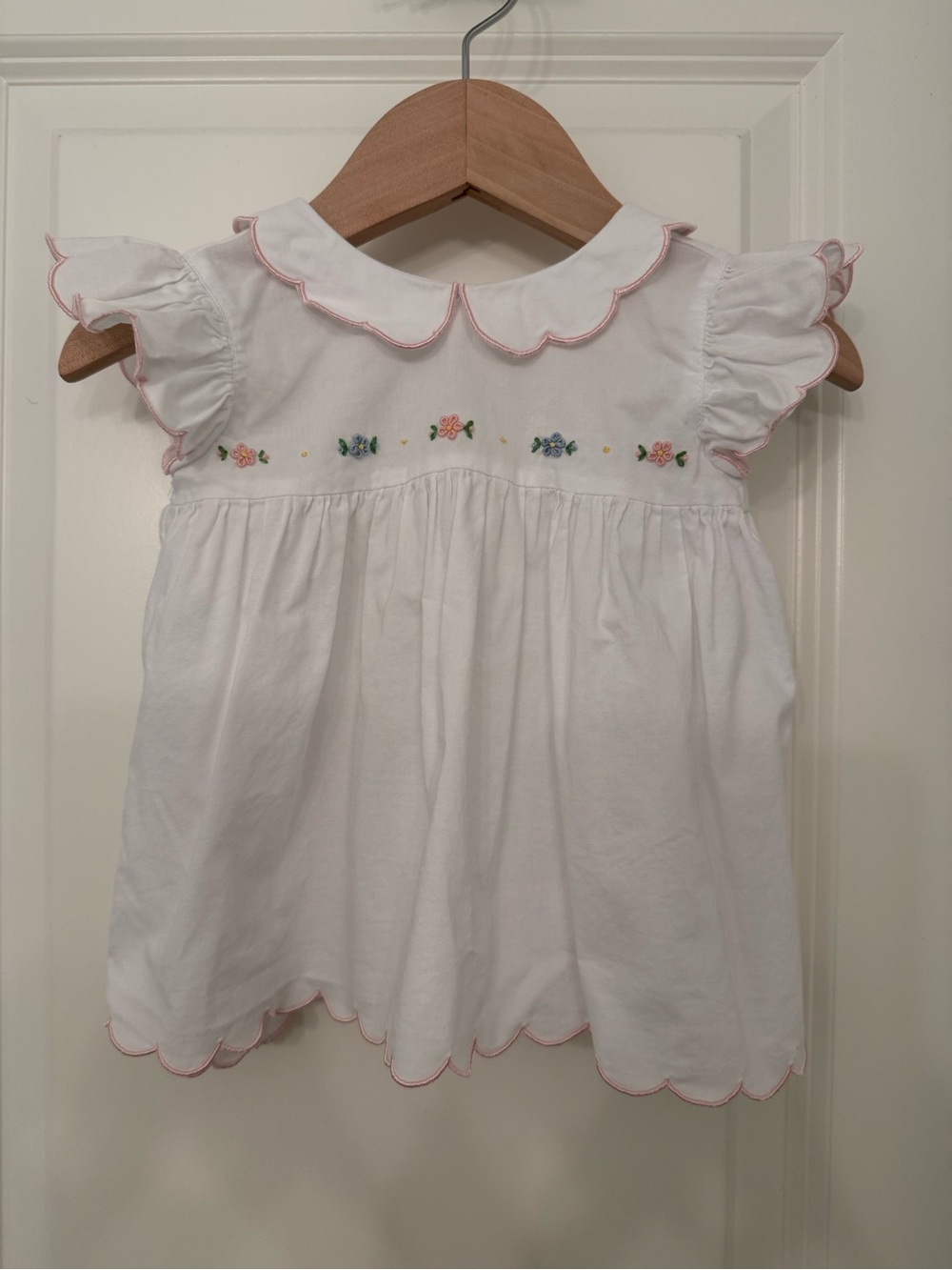 Little English White Baby Top with Pink Scallop Trim